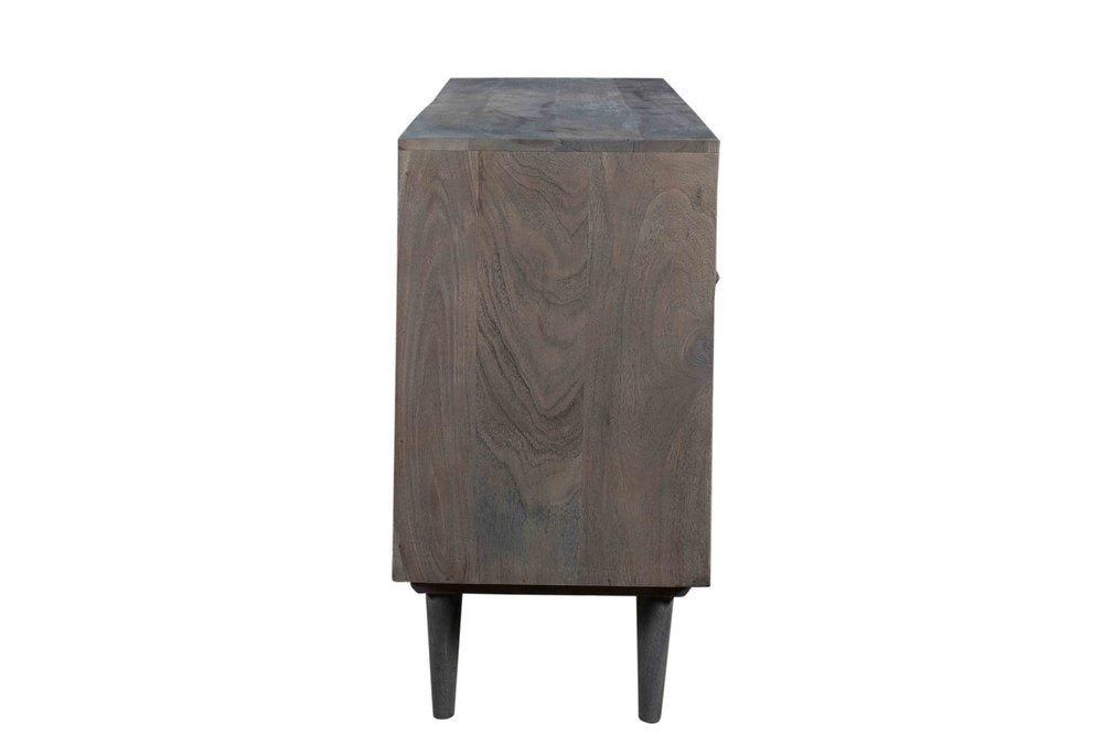 55" Dark Gray Solid Wood Media Console with Hand-Carved Geometric Doors