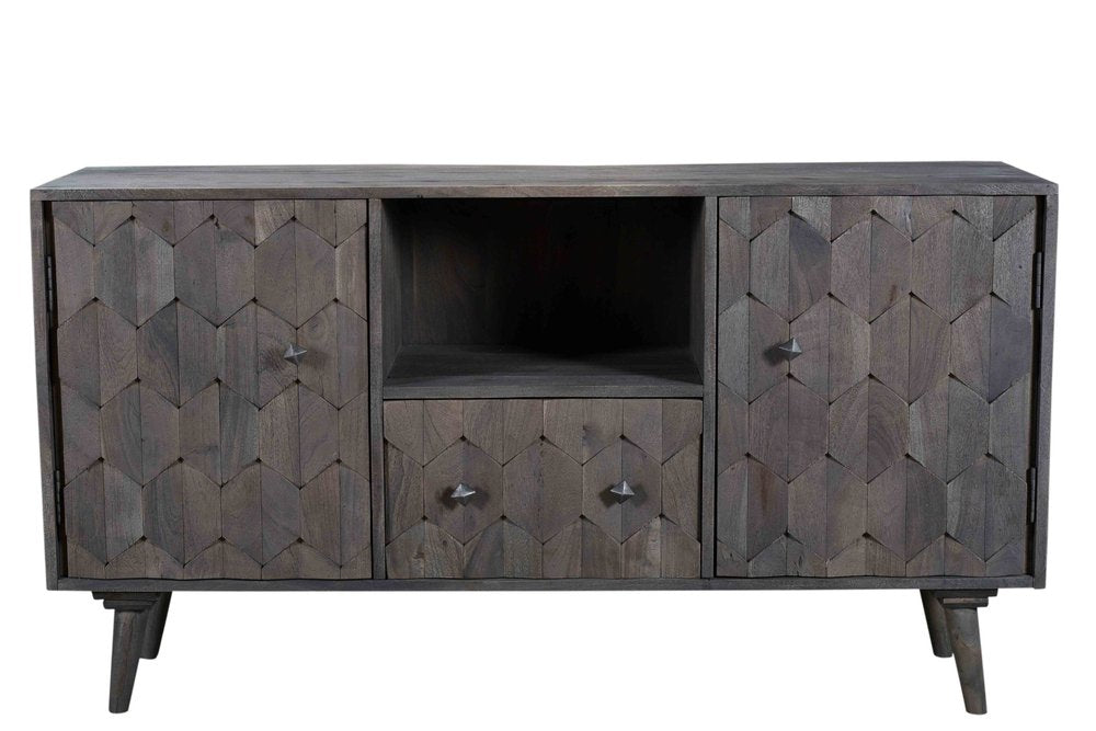 55" Dark Gray Solid Wood Media Console with Hand-Carved Geometric Doors