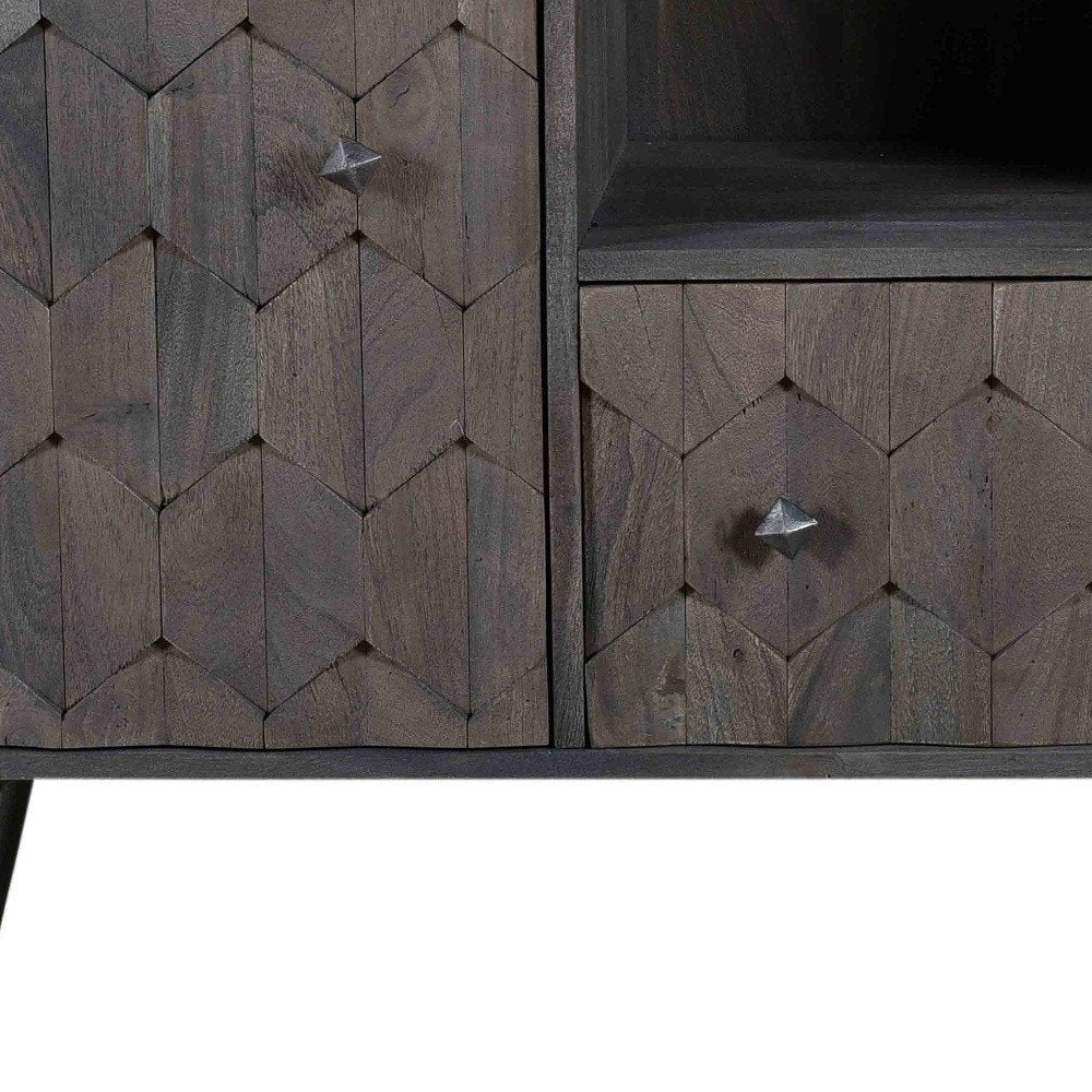 55" Dark Gray Solid Wood Media Console with Hand-Carved Geometric Doors