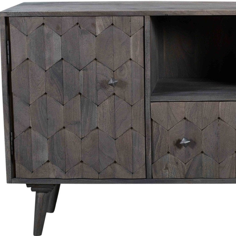55" Dark Gray Solid Wood Media Console with Hand-Carved Geometric Doors