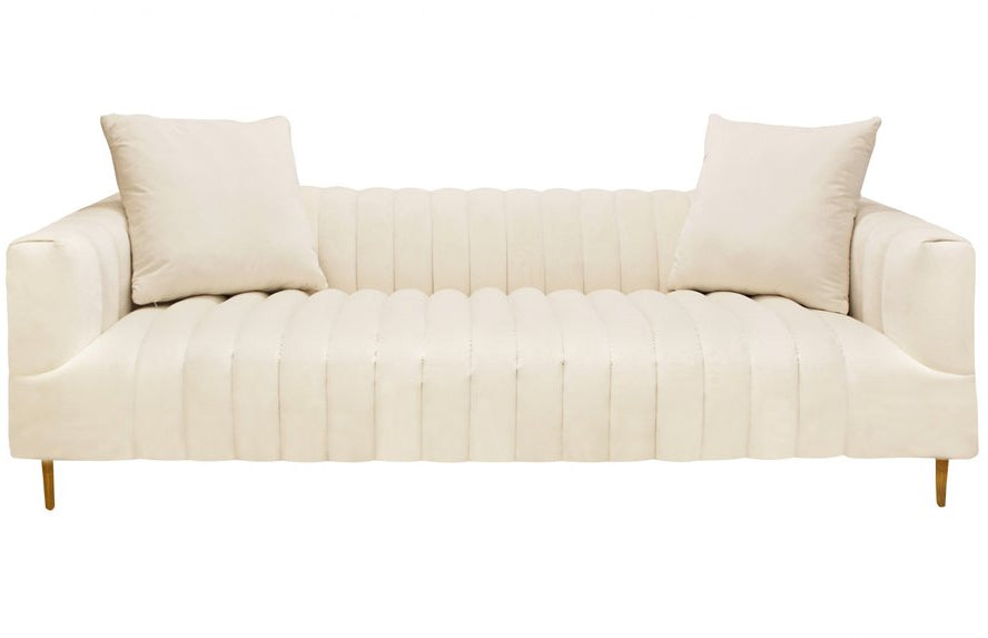 90" Ivory Velvet Sofa with Gold Legs and Toss Pillows