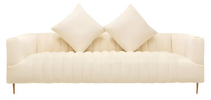 90" Ivory Velvet Sofa with Gold Legs and Toss Pillows
