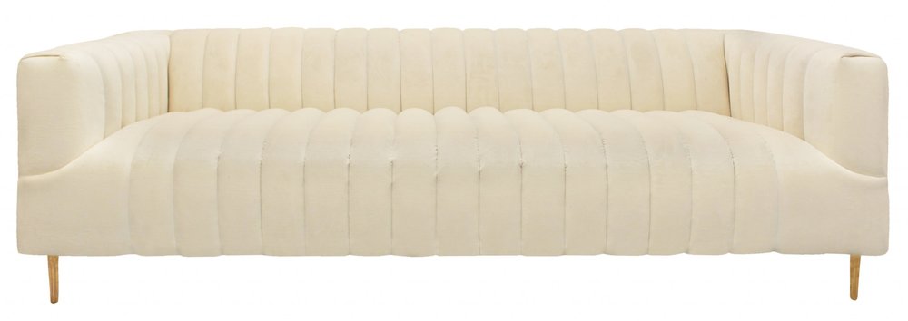 90" Ivory Velvet Sofa with Gold Legs and Toss Pillows