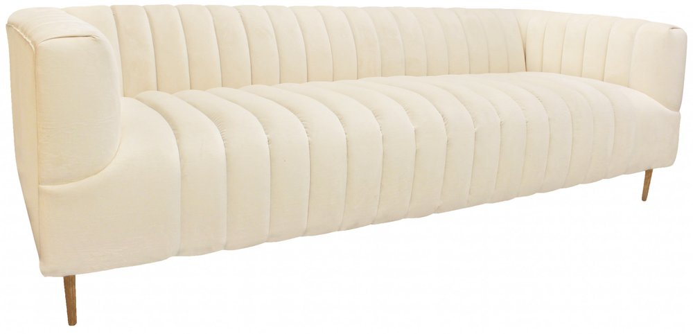 90" Ivory Velvet Sofa with Gold Legs and Toss Pillows