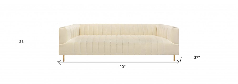 90" Ivory Velvet Sofa with Gold Legs and Toss Pillows