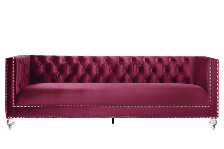 Colette 89" Burgundy Velvet Sofa with Black Legs and Nailhead Trim