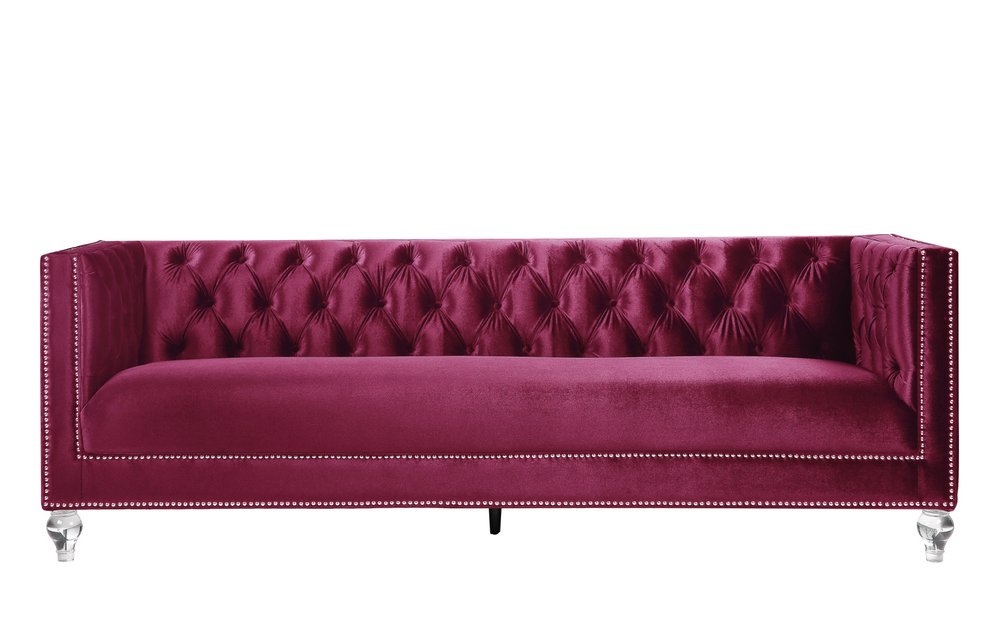 Colette 89" Burgundy Velvet Sofa with Black Legs and Nailhead Trim