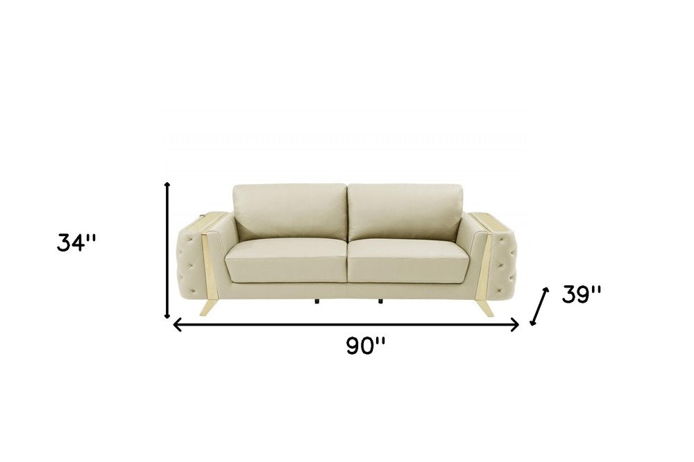 Lorenzo 90" Beige Italian Leather Sofa with Gold Legs