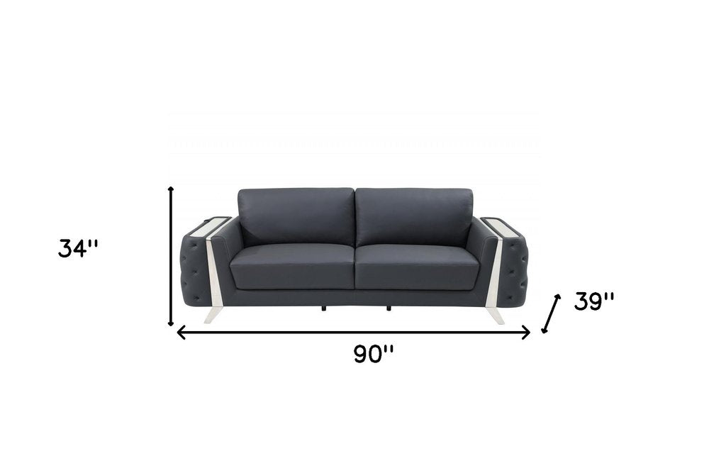Alessio 90" Gray Italian Leather Sofa with Silver Legs