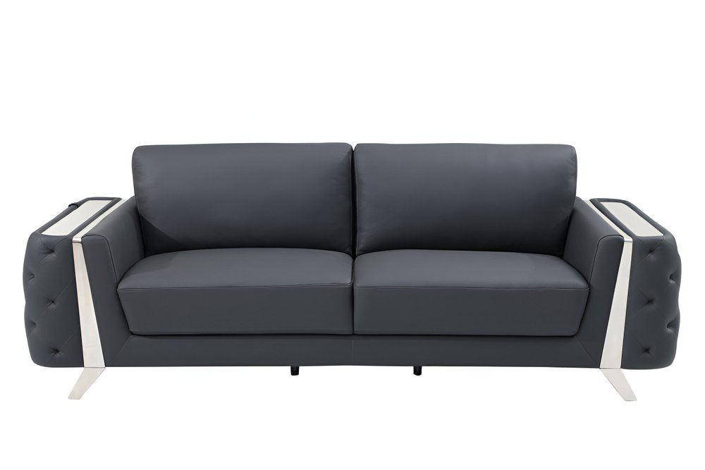 Alessio 90" Gray Italian Leather Sofa with Silver Legs