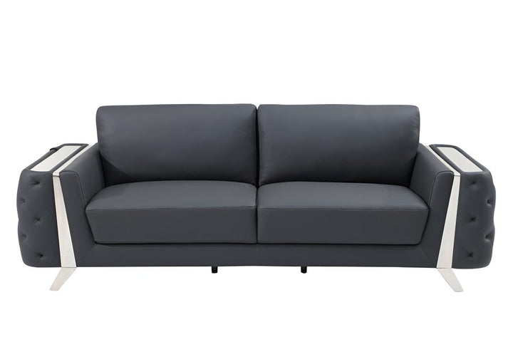 Alessio 90" Gray Italian Leather Sofa with Silver Legs