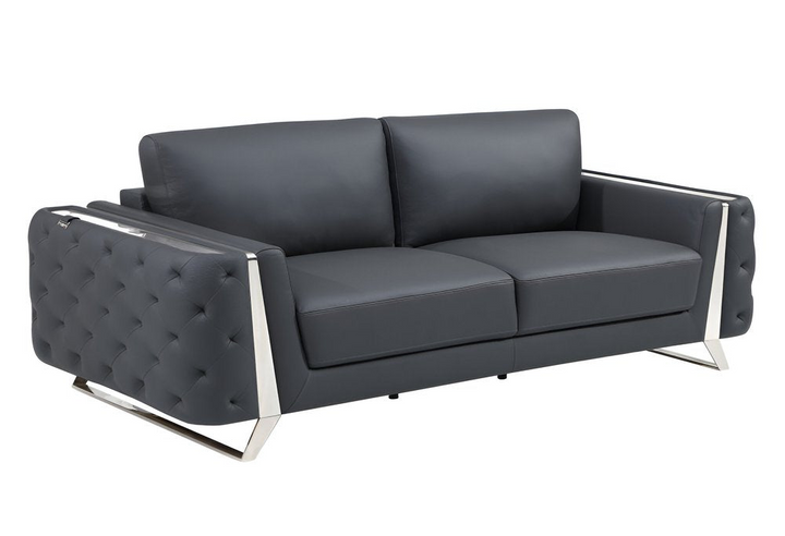 Alessio 90" Gray Italian Leather Sofa with Silver Legs