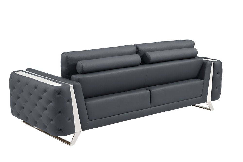 Alessio 90" Gray Italian Leather Sofa with Silver Legs