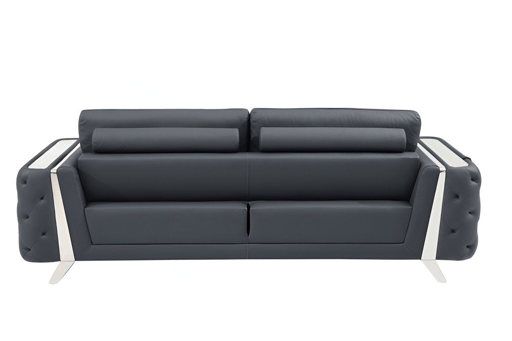 Alessio 90" Gray Italian Leather Sofa with Silver Legs