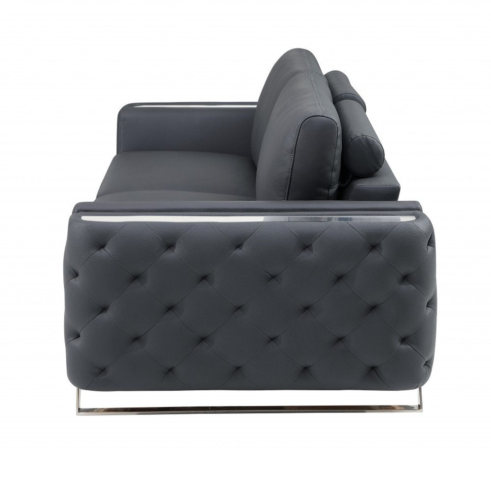 Alessio 90" Gray Italian Leather Sofa with Silver Legs