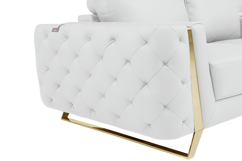 Marcello 90" White Italian Leather Sofa with Gold Legs