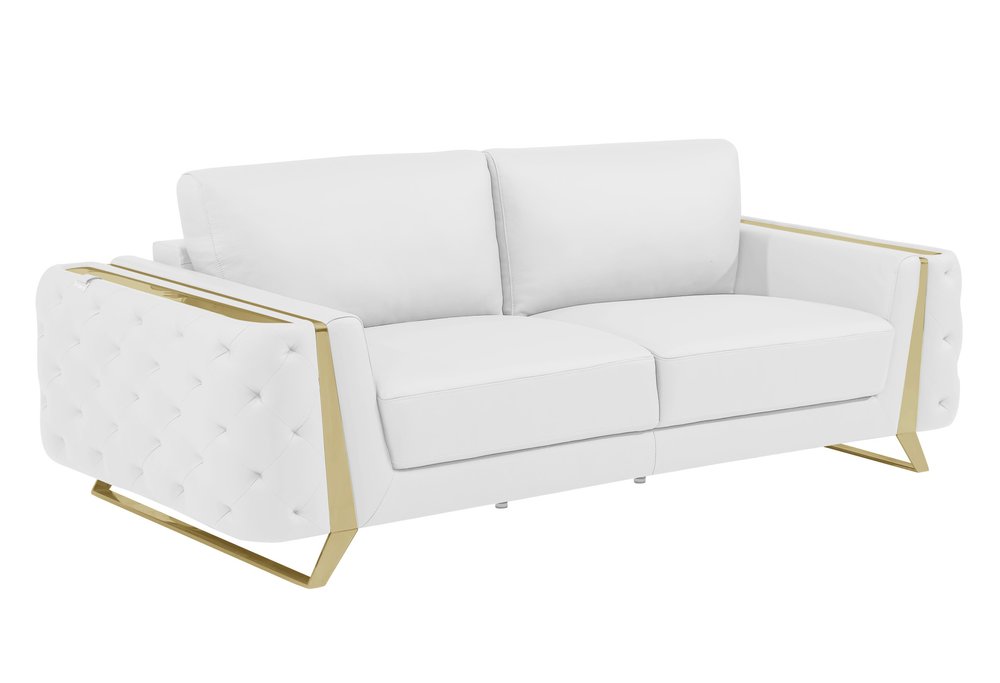 Marcello 90" White Italian Leather Sofa with Gold Legs