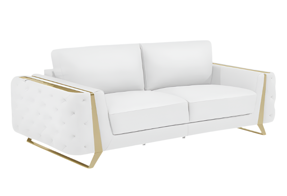 Marcello 90" White Italian Leather Sofa with Gold Legs
