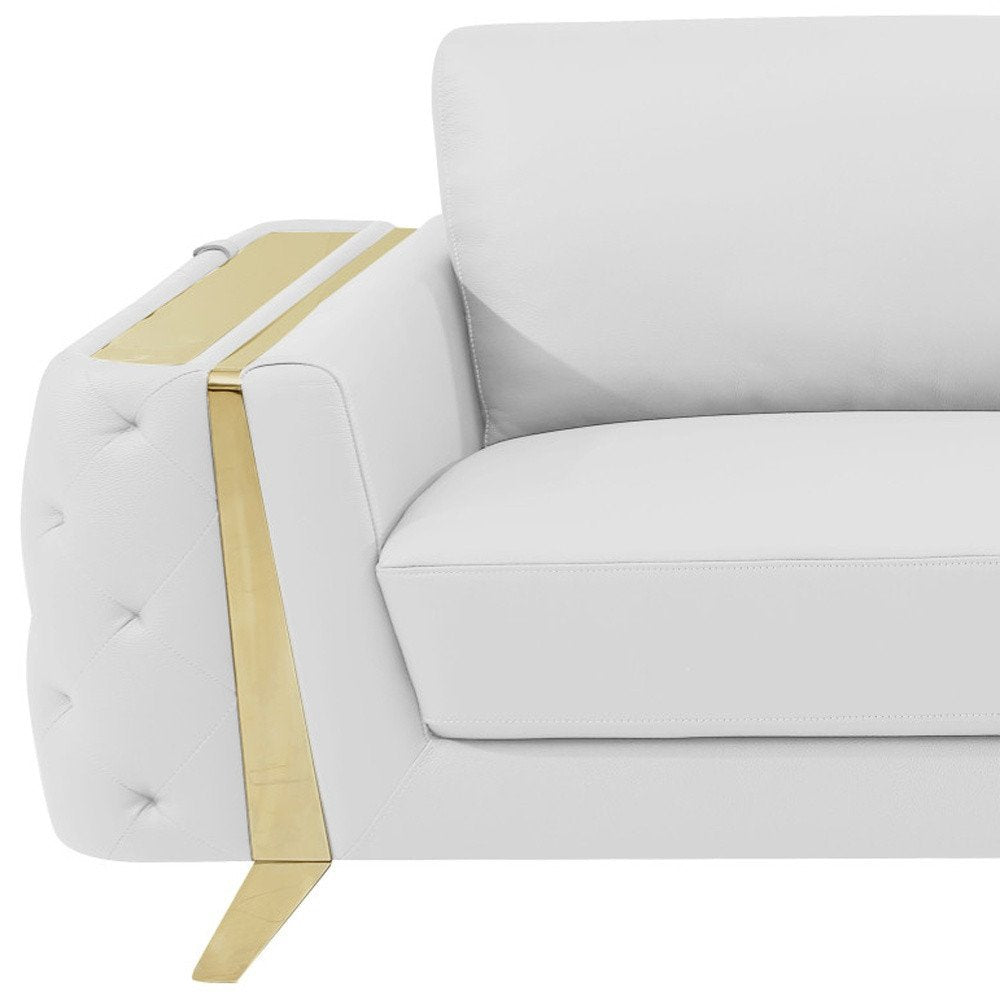 Marcello 90" White Italian Leather Sofa with Gold Legs