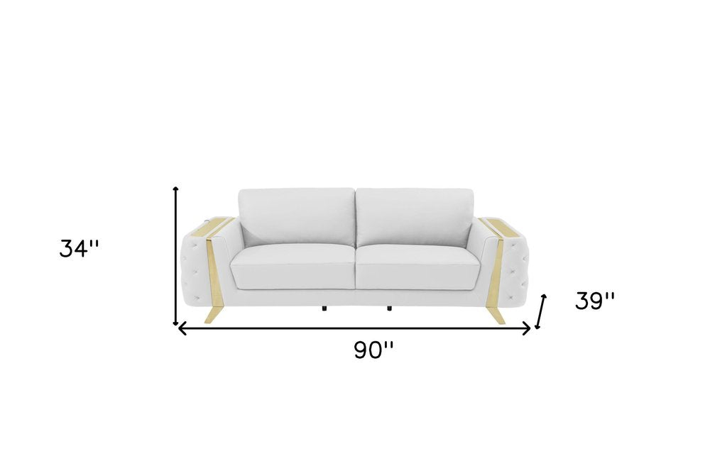 Marcello 90" White Italian Leather Sofa with Gold Legs