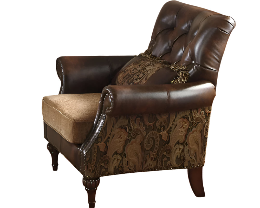 Devon 38" Brown Floral Faux Leather Tufted Arm Chair with Nailhead Trim and Pillow