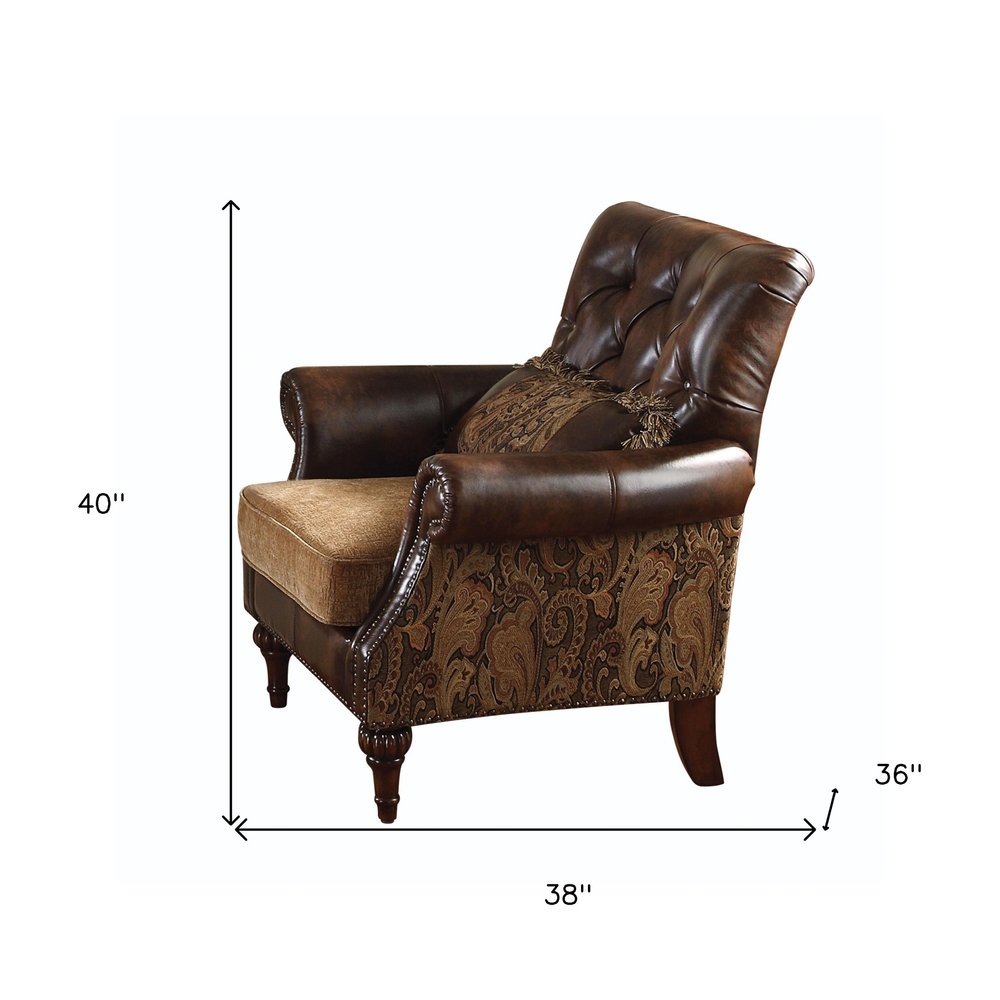 Devon 38" Brown Floral Faux Leather Tufted Arm Chair with Nailhead Trim and Pillow