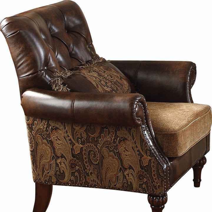 Devon 38" Brown Floral Faux Leather Tufted Arm Chair with Nailhead Trim and Pillow