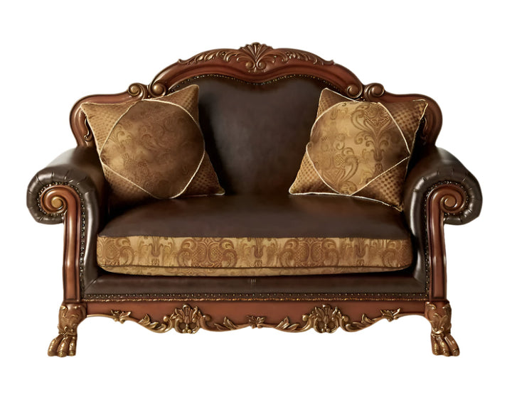 Roselle 46" Brown Floral Faux Leather Tufted Arm Chair with Toss Pillow