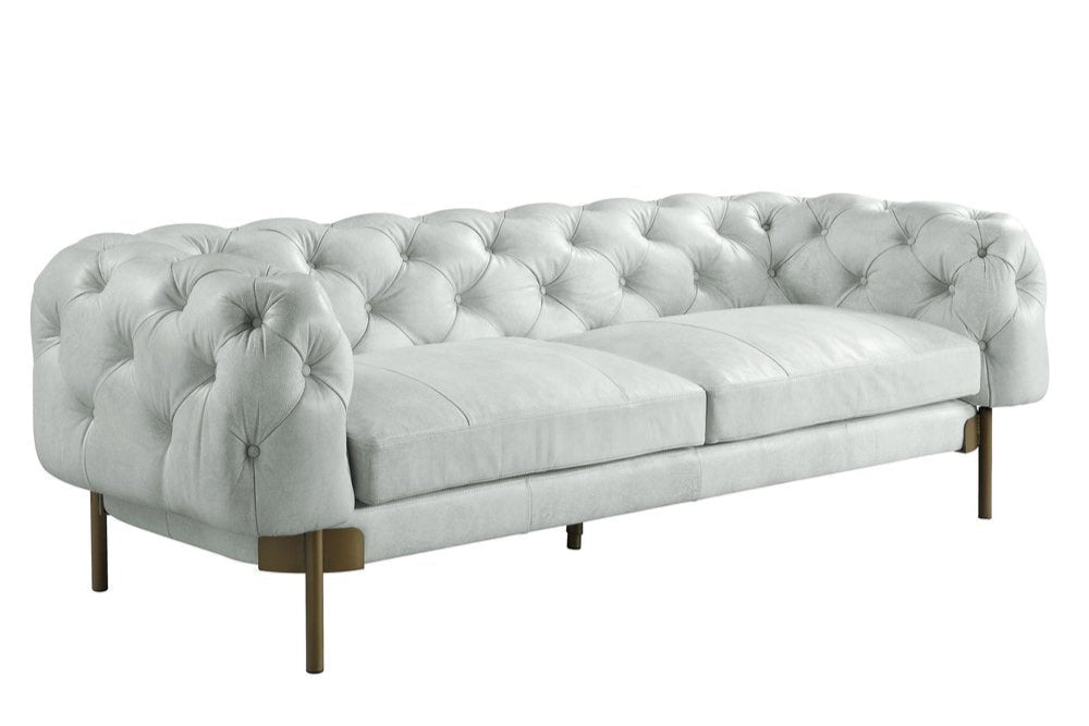 Siena 96″ Light Slate Gray Top Grain Leather Sofa with Tufted Detailing & Gold Legs