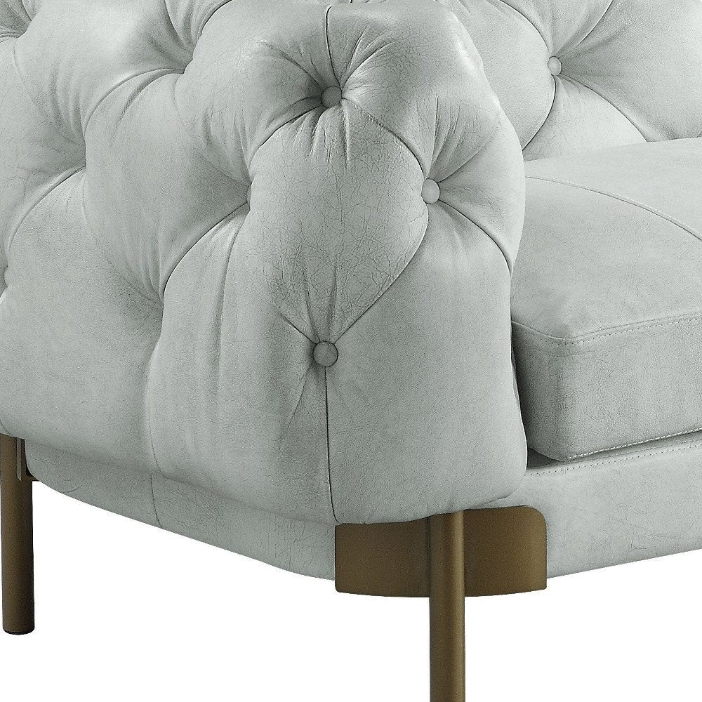Siena 96″ Light Slate Gray Top Grain Leather Sofa with Tufted Detailing & Gold Legs