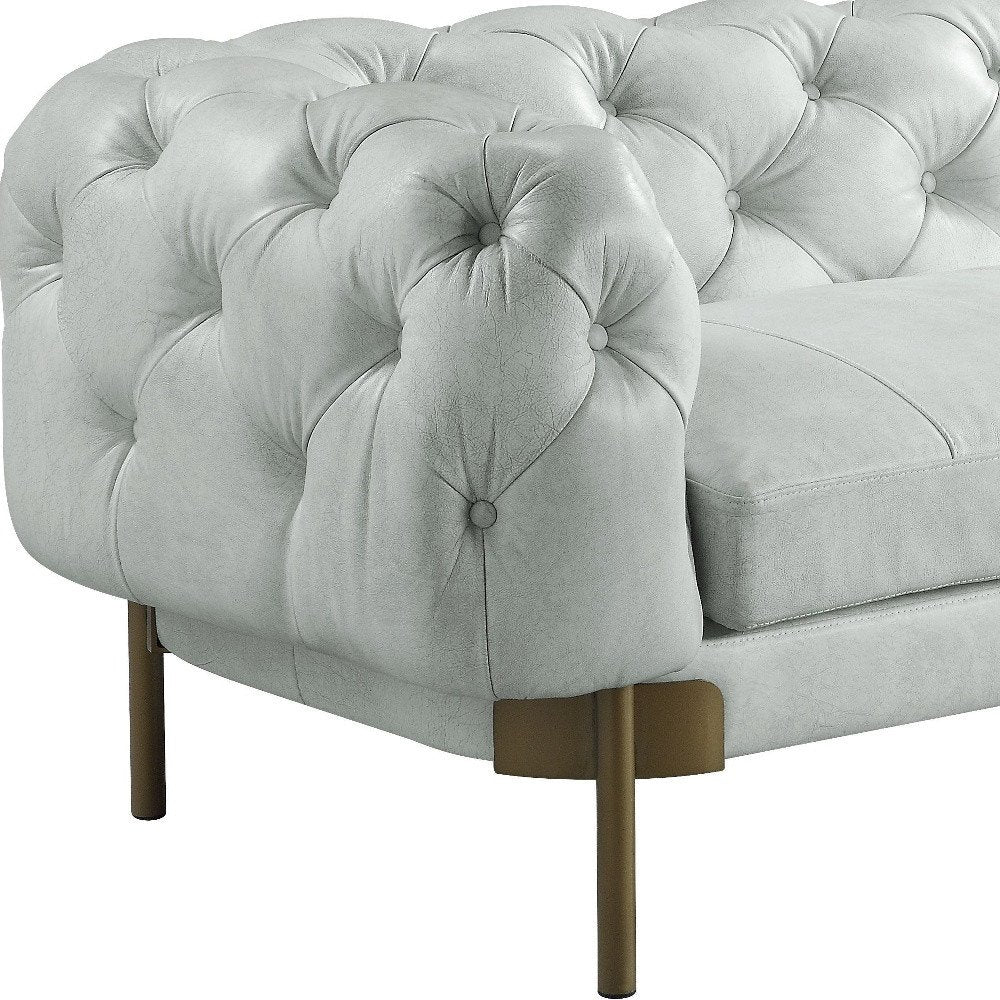 Siena 96″ Light Slate Gray Top Grain Leather Sofa with Tufted Detailing & Gold Legs