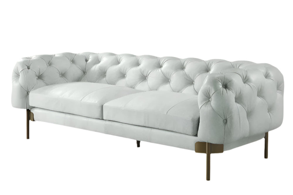 Siena 96″ Light Slate Gray Top Grain Leather Sofa with Tufted Detailing & Gold Legs
