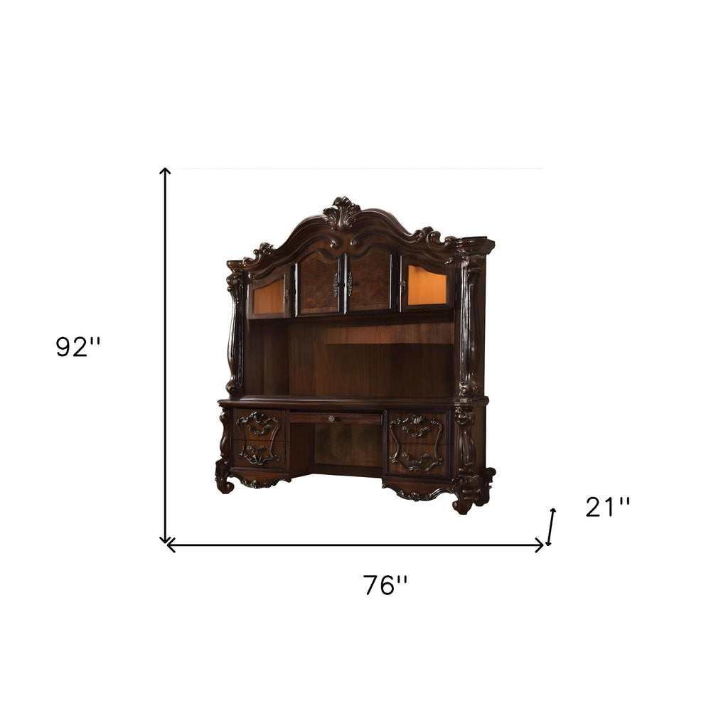 Valencourt 76" Dark Brown Solid Wood Peninsula Credenza Desk with Hutch, Drawers, and Cabinets