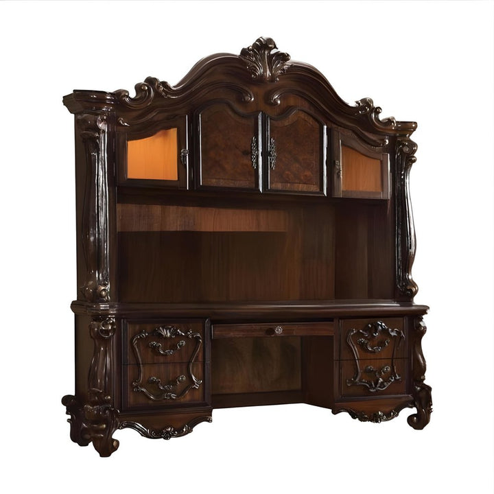 Valencourt 76" Dark Brown Solid Wood Peninsula Credenza Desk with Hutch, Drawers, and Cabinets