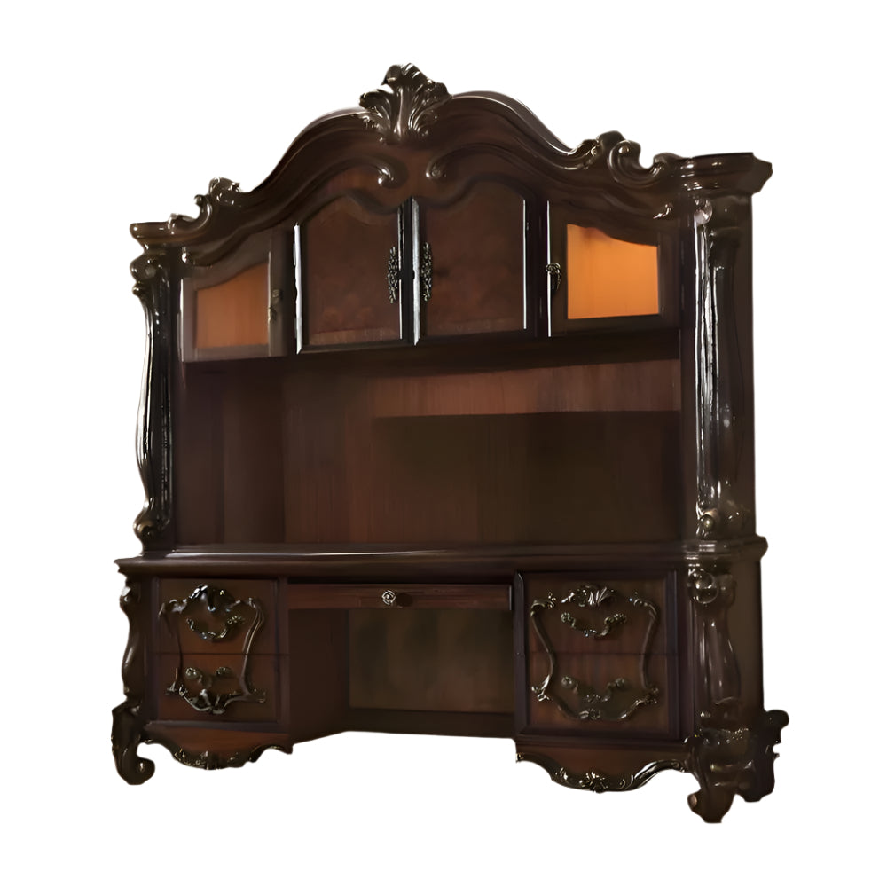 Valencourt 76" Dark Brown Solid Wood Peninsula Credenza Desk with Hutch, Drawers, and Cabinets