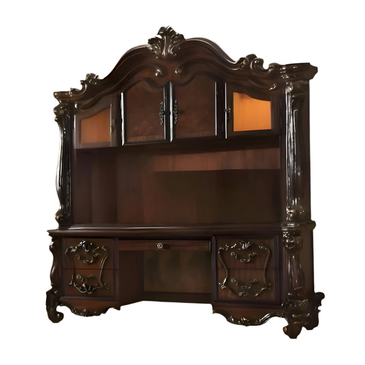 Valencourt 76" Dark Brown Solid Wood Peninsula Credenza Desk with Hutch, Drawers, and Cabinets