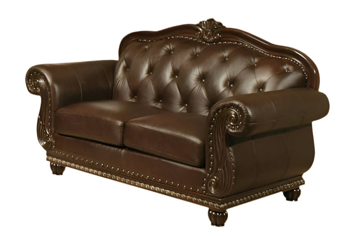 70" Espresso Faux Leather And Black Nailhead Love Seat