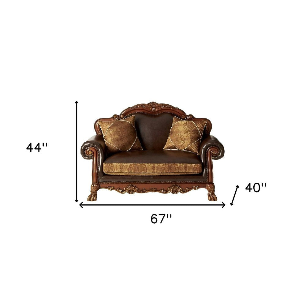 Brielle 67" Brown Faux Leather Loveseat with Redwood Legs and Toss Pillows