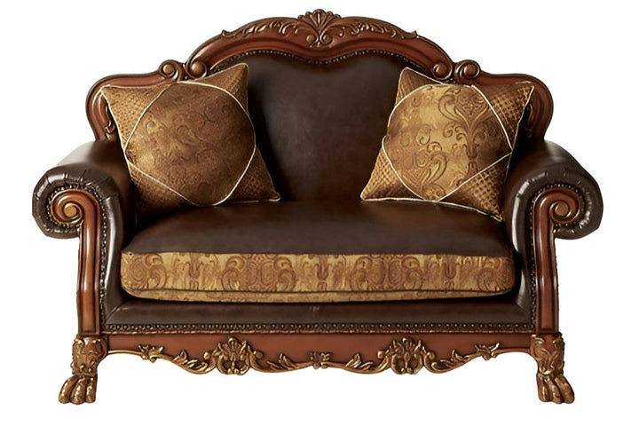 Brielle 67" Brown Faux Leather Loveseat with Redwood Legs and Toss Pillows