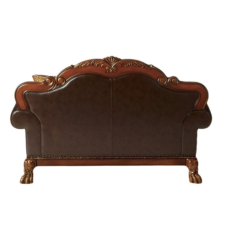 Brielle 67" Brown Faux Leather Loveseat with Redwood Legs and Toss Pillows