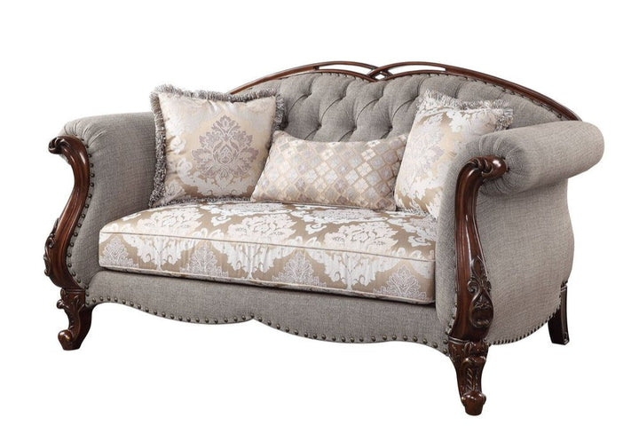 Éloise 72" Beige Linen Loveseat with Dark Brown Legs and Toss Pillows