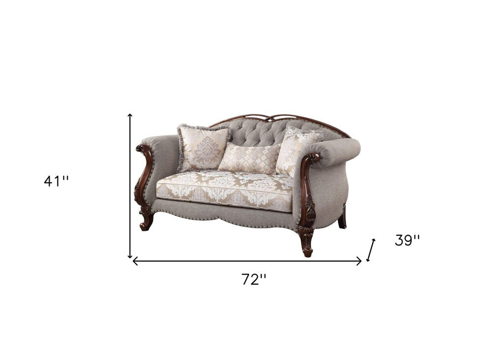 Éloise 72" Beige Linen Loveseat with Dark Brown Legs and Toss Pillows