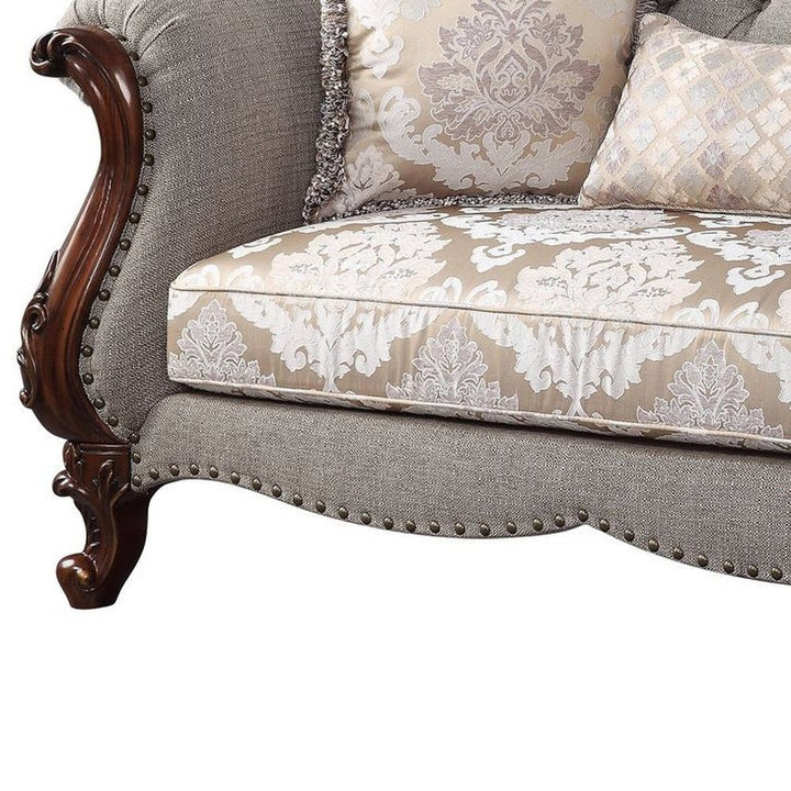 Éloise 72" Beige Linen Loveseat with Dark Brown Legs and Toss Pillows