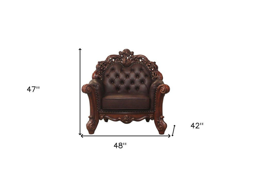 Kingsley 48" Dark Brown Faux Leather Tufted Chesterfield Chair with Toss Pillow