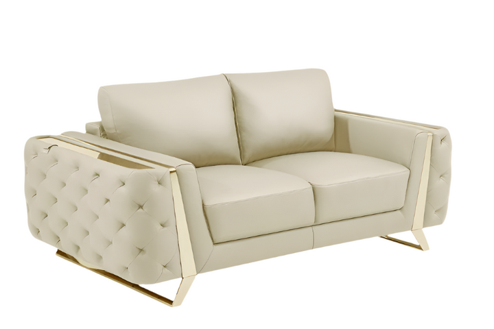 Élodie 72" Beige Genuine Leather Loveseat with Gold Legs