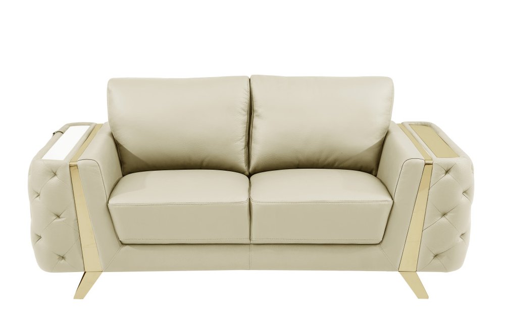 Élodie 72" Beige Genuine Leather Loveseat with Gold Legs
