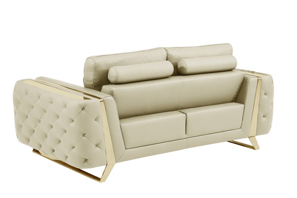 Élodie 72" Beige Genuine Leather Loveseat with Gold Legs