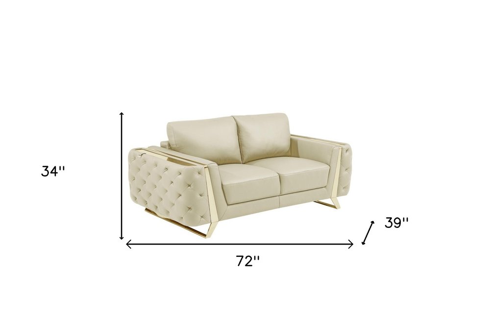 Élodie 72" Beige Genuine Leather Loveseat with Gold Legs
