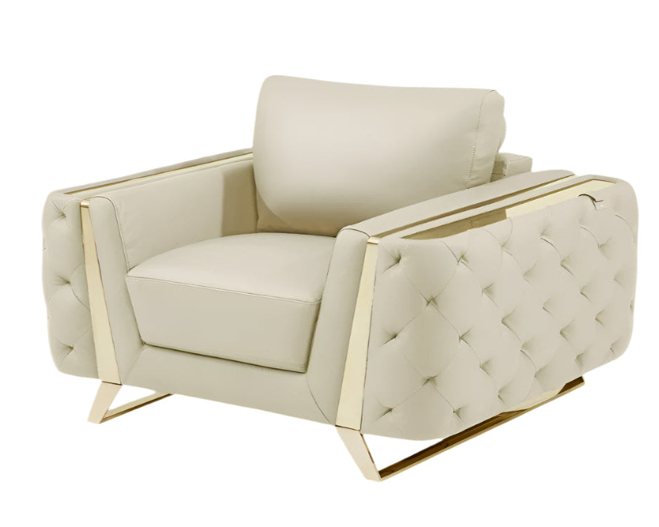Verona 50″ Beige & Gold Genuine Leather Tufted Club Chair with Cushion Back