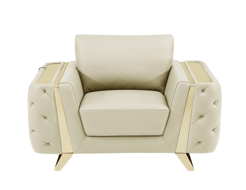 Verona 50″ Beige & Gold Genuine Leather Tufted Club Chair with Cushion Back